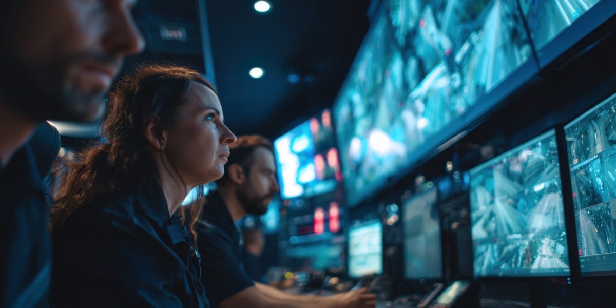 Female Security Operator Working At Monitoring Station With Mult