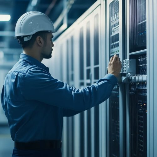 A power supply system in a data center, with rows of UPS units providing backup power, and a technician monitoring the system,